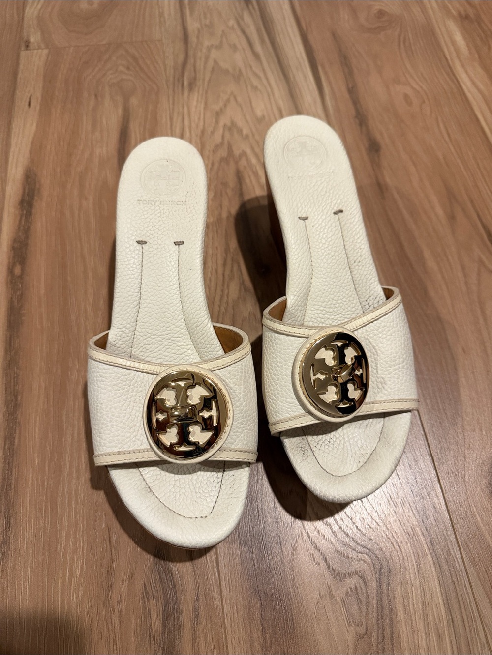 Tory Burch Cream Leather Slide Mules with Gold Logo Medallion